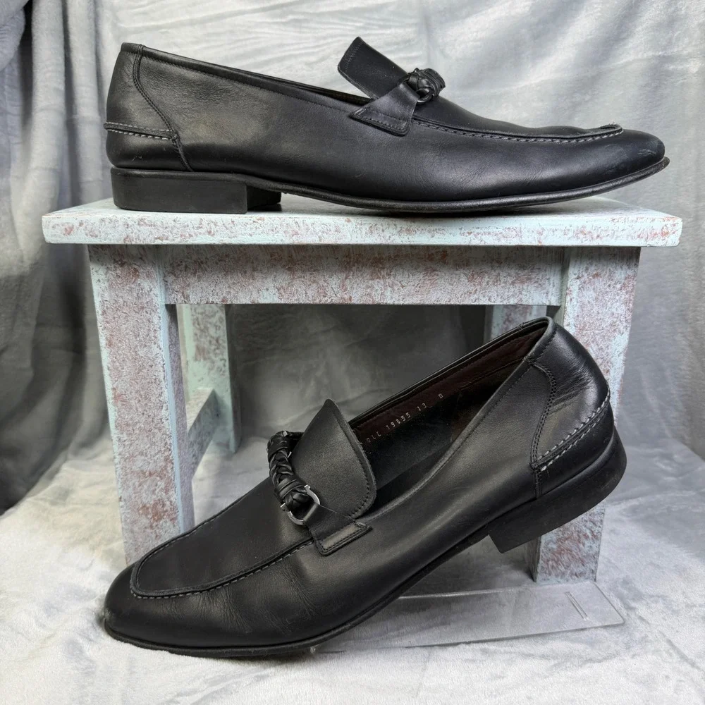Salvatore Ferragamo Loafers Mens 13 Black Leather Braided Gancini Made in Italy